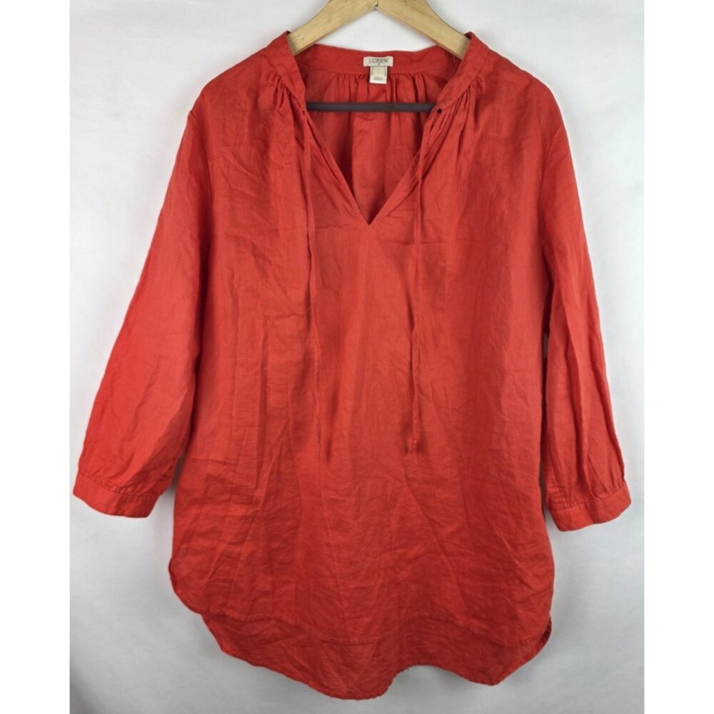 J.Crew Womens Shirt Size Large Orange Linen Key Hole 3/4 Sleeve Tunic Top